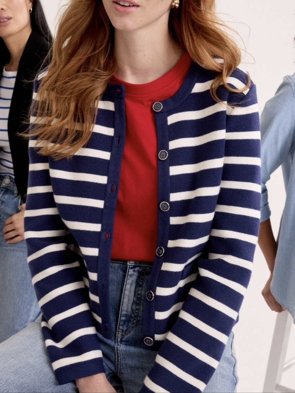 Breton Stripe/Nautical Navy & White Crew/Round-neck Boxy Cardigan (Size S)